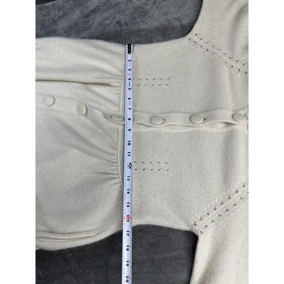 QI Cashmere Ivory Knit Dress M - Button Front, Flutter Sleeves, Eyelet Detail - Picture 11 of 15